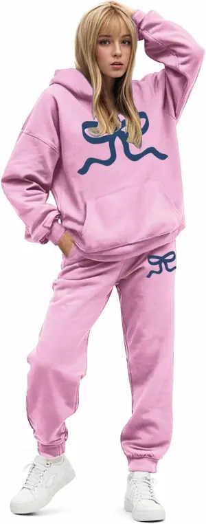 Womens Sweatsuits 2 Piece Set 2025 Oversized Drawstring Hoodie Bow Graphic Print Pullover Jogger Tracksuit with