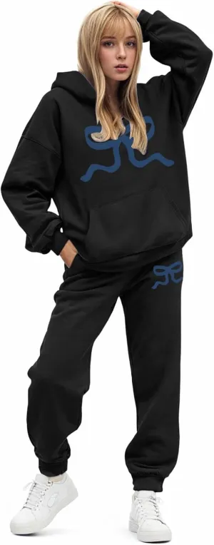 Womens Sweatsuits 2 Piece Set 2025 Oversized Drawstring Hoodie Bow Graphic Print Pullover Jogger Tracksuit with