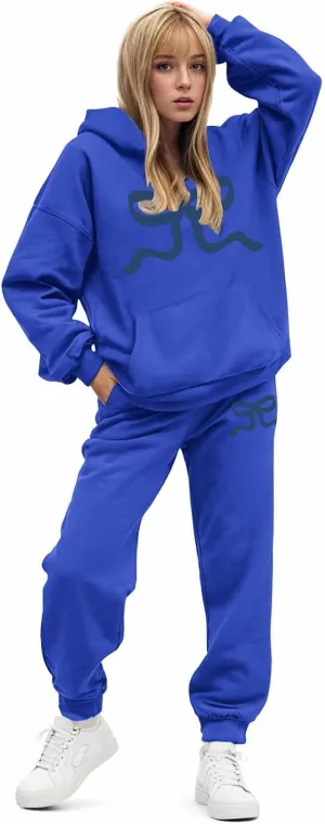 Womens Sweatsuits 2 Piece Set 2025 Oversized Drawstring Hoodie Bow Graphic Print Pullover Jogger Tracksuit with