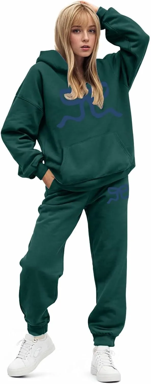 Womens Sweatsuits 2 Piece Set 2025 Oversized Drawstring Hoodie Bow Graphic Print Pullover Jogger Tracksuit with