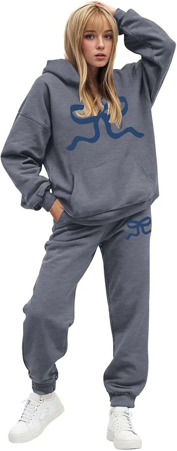 Womens Sweatsuits 2 Piece Set 2025 Oversized Drawstring Hoodie Bow Graphic Print Pullover Jogger Tracksuit with