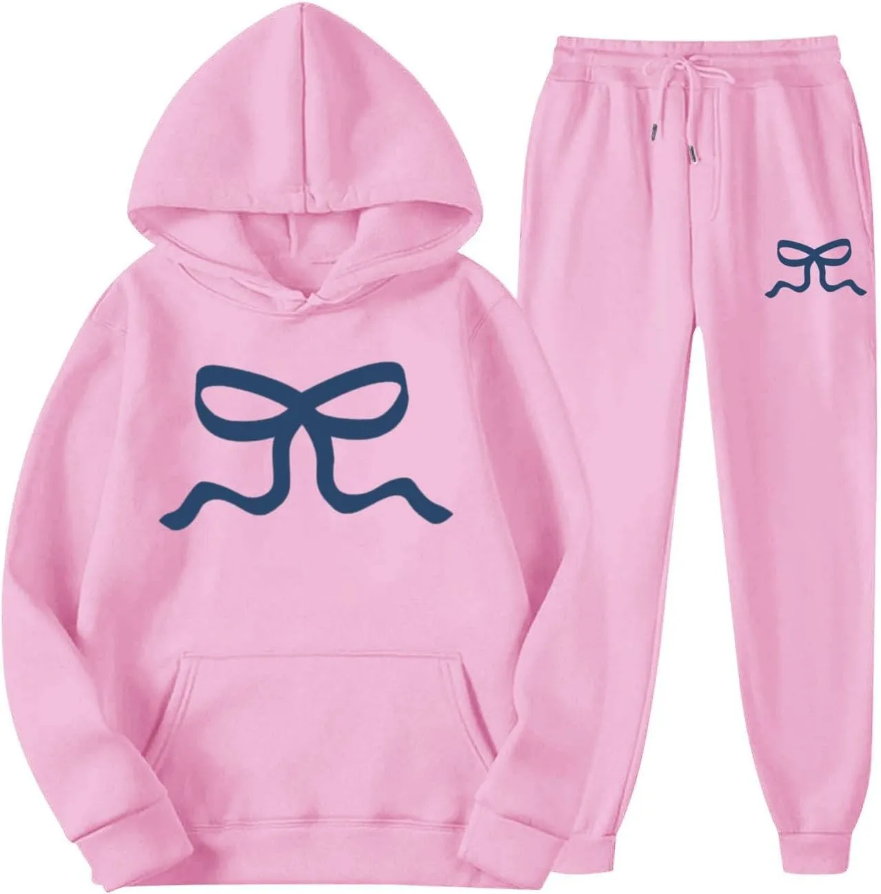 Womens Sweatsuits 2 Piece Set 2025 Oversized Drawstring Hoodie Bow Graphic Print Pullover Jogger Tracksuit with