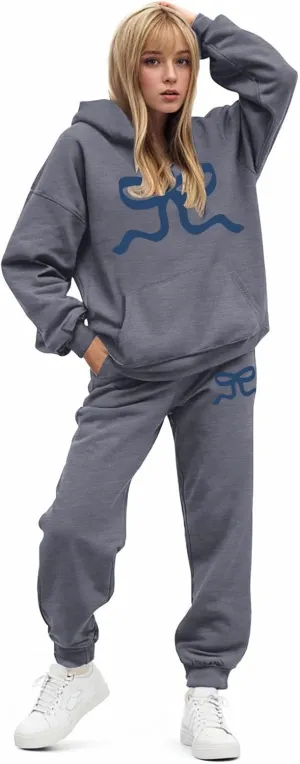 Womens Sweatsuits 2 Piece Set 2025 Oversized Drawstring Hoodie Bow Graphic Print Pullover Jogger Tracksuit with