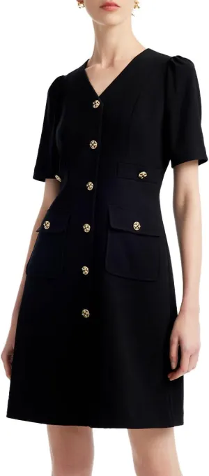 Women's Triacetate Mini Dress Summer Business Casual A Line V-Neck Button Dresses for Wedding Guest Teacher Work