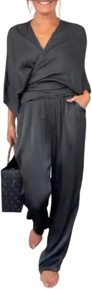 Women's V-neck Casual Comfortable Satin Suit, Women V Neck Long Sleeve Tops and Wide Leg Jumpsuits (Black,Medium)