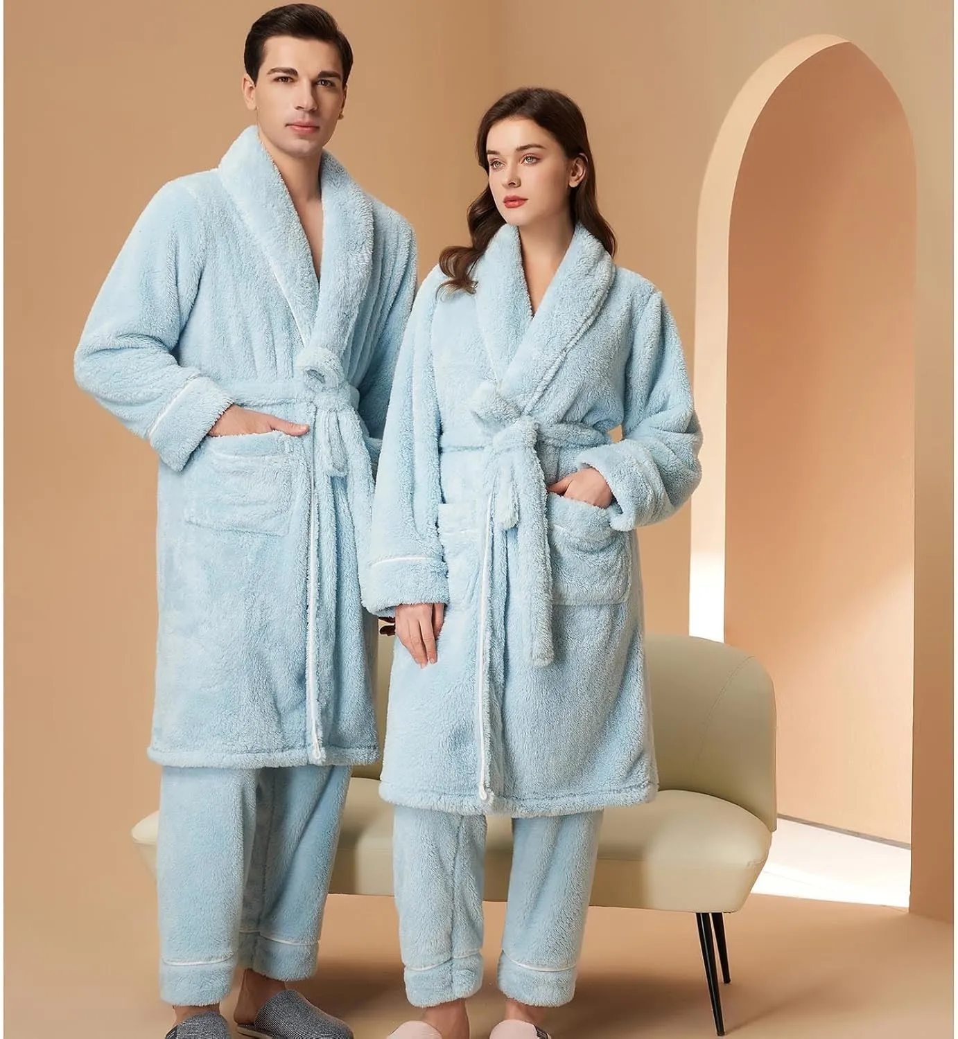 Womens Winter Flannel Pajama Sets Fluffy Fleece Long Bathrobe with Pant Warm Shower Nightgown,Pocket,Belted