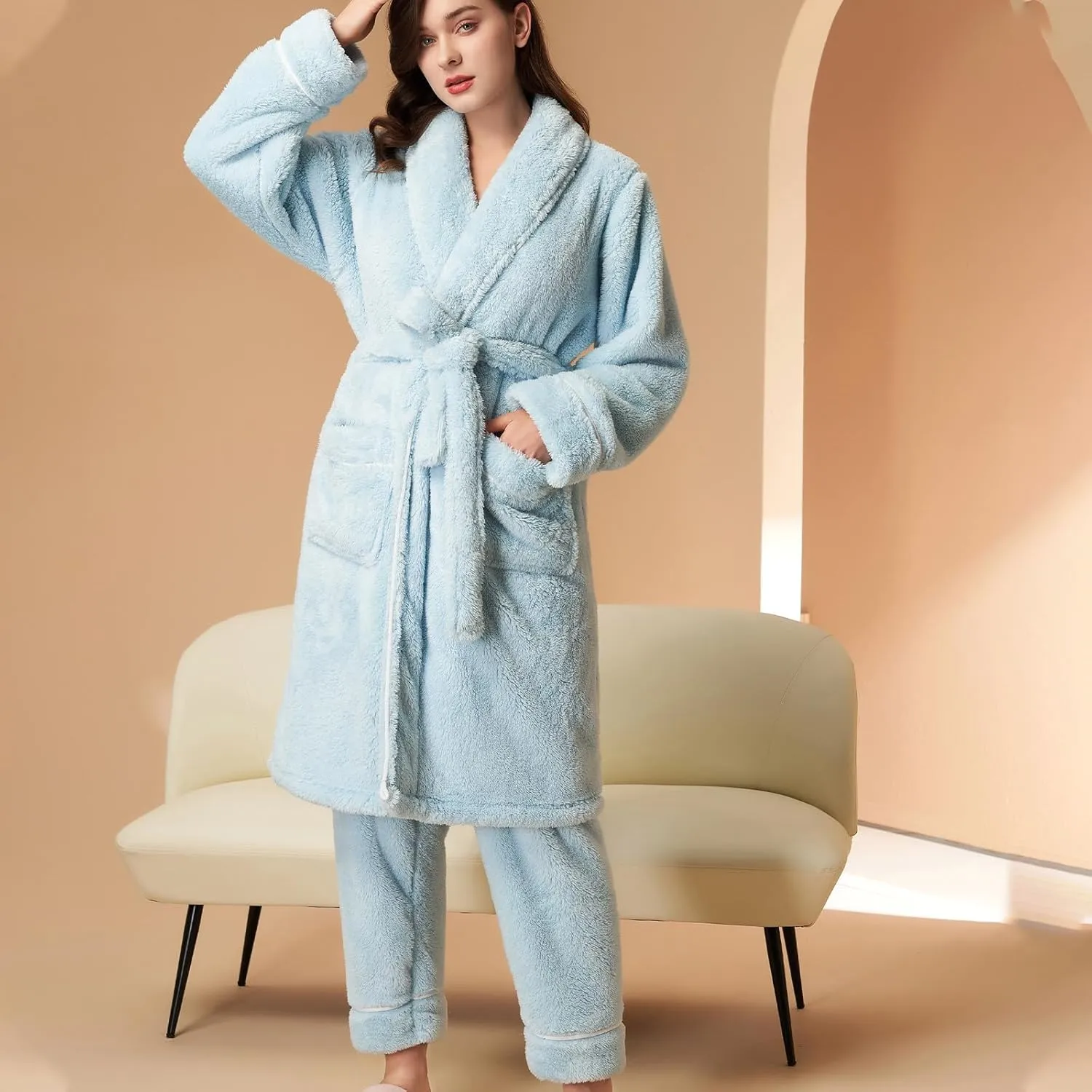 Womens Winter Flannel Pajama Sets Fluffy Fleece Long Bathrobe with Pant Warm Shower Nightgown,Pocket,Belted