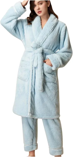 Womens Winter Flannel Pajama Sets Fluffy Fleece Long Bathrobe with Pant Warm Shower Nightgown,Pocket,Belted