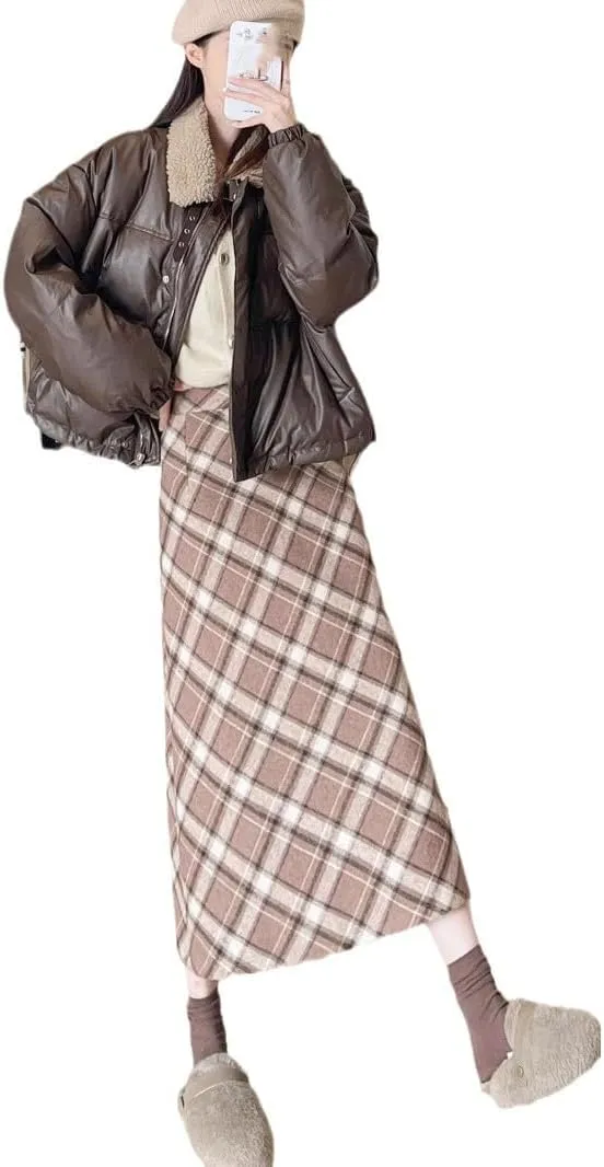 Women's Wool Pencil Skirt, High-Waisted, Retro Style, Fleece-Lined, Thickened, Plaid
