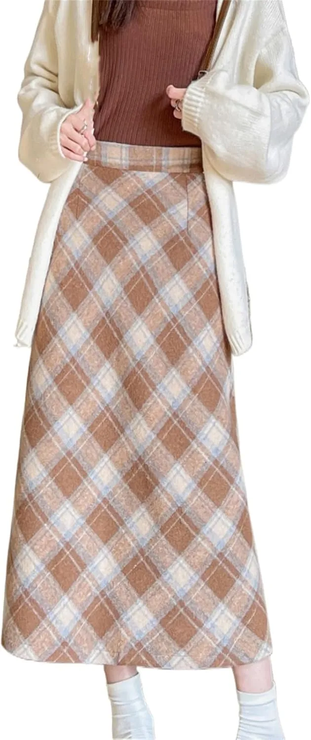 Women's Wool Pencil Skirt, High-Waisted, Retro Style, Fleece-Lined, Thickened, Plaid