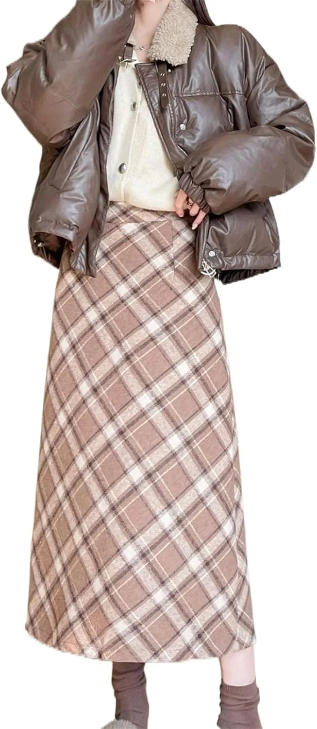 Women's Wool Pencil Skirt, High-Waisted, Retro Style, Fleece-Lined, Thickened, Plaid