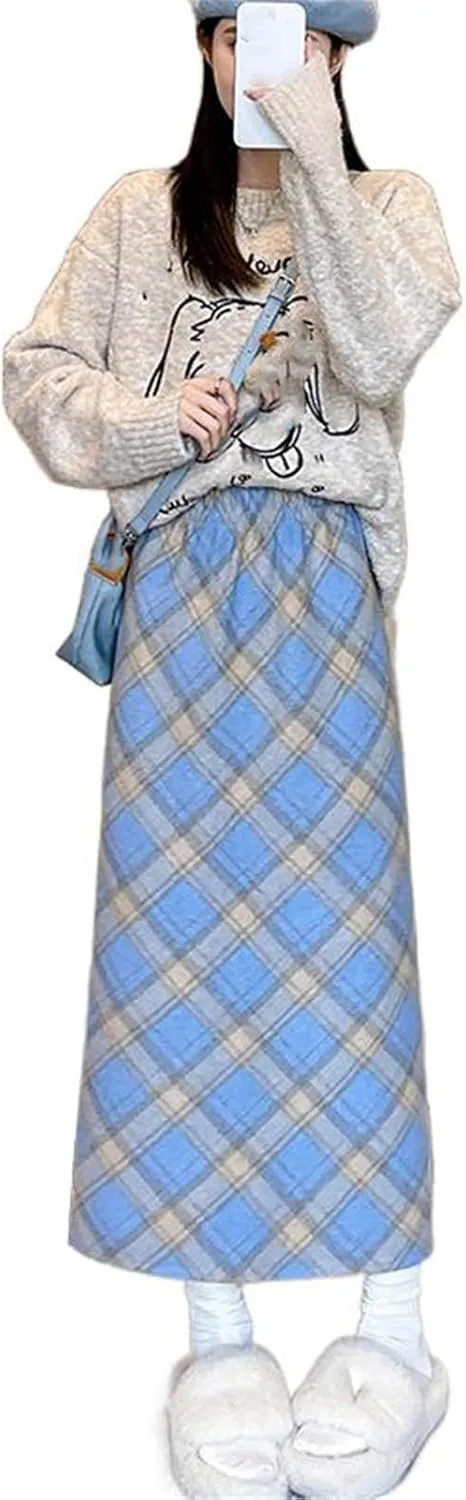 Women's Wool Pencil Skirt, High-Waisted, Retro Style, Fleece-Lined, Thickened, Plaid