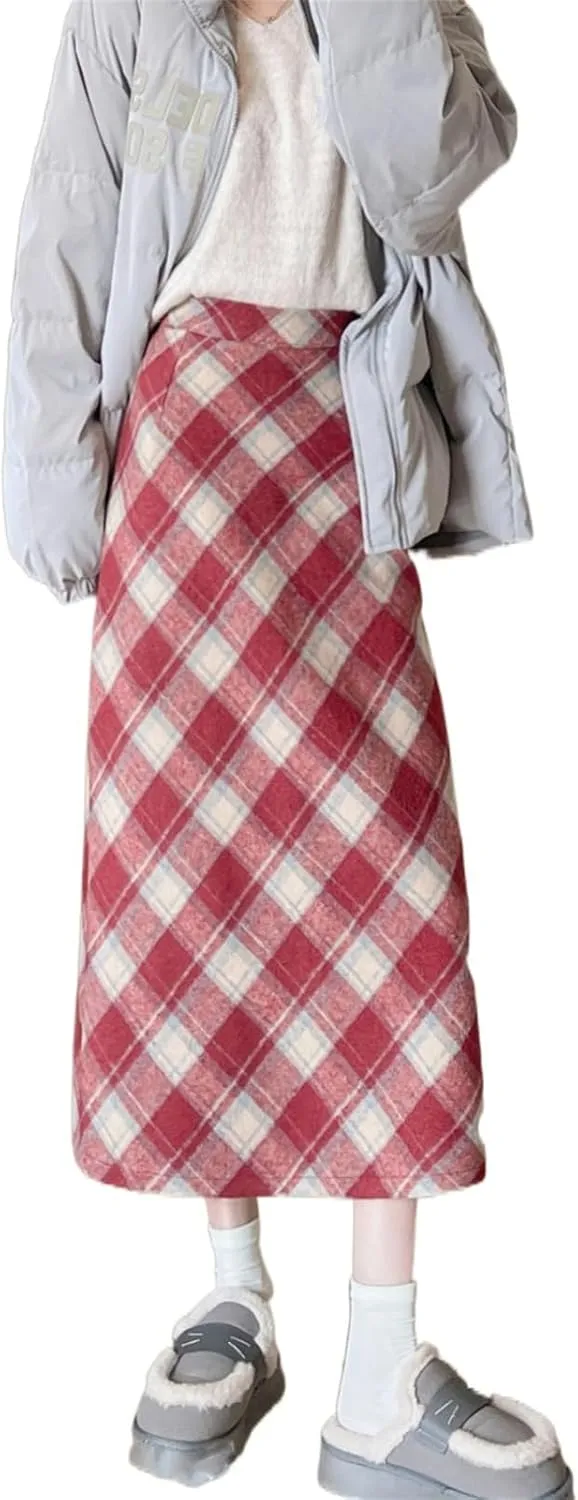 Women's Wool Pencil Skirt, High-Waisted, Retro Style, Fleece-Lined, Thickened, Plaid