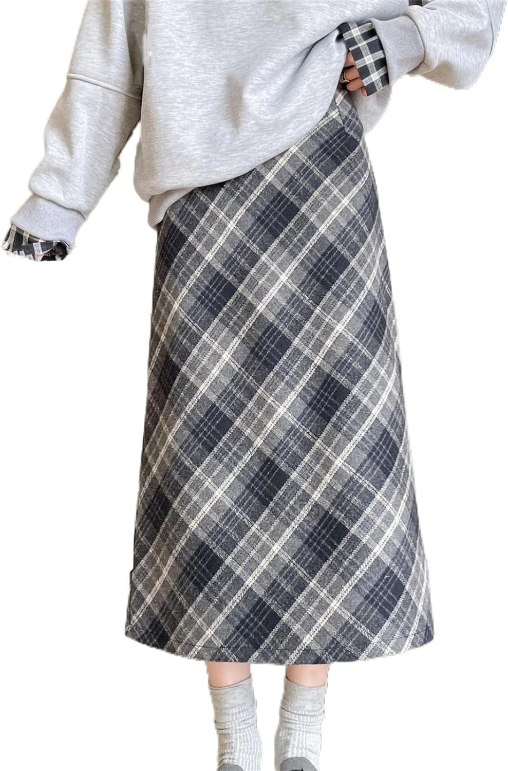 Women's Wool Pencil Skirt, High-Waisted, Retro Style, Fleece-Lined, Thickened, Plaid