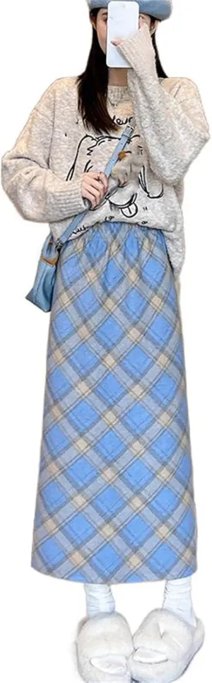 Women's Wool Pencil Skirt, High-Waisted, Retro Style, Fleece-Lined, Thickened, Plaid