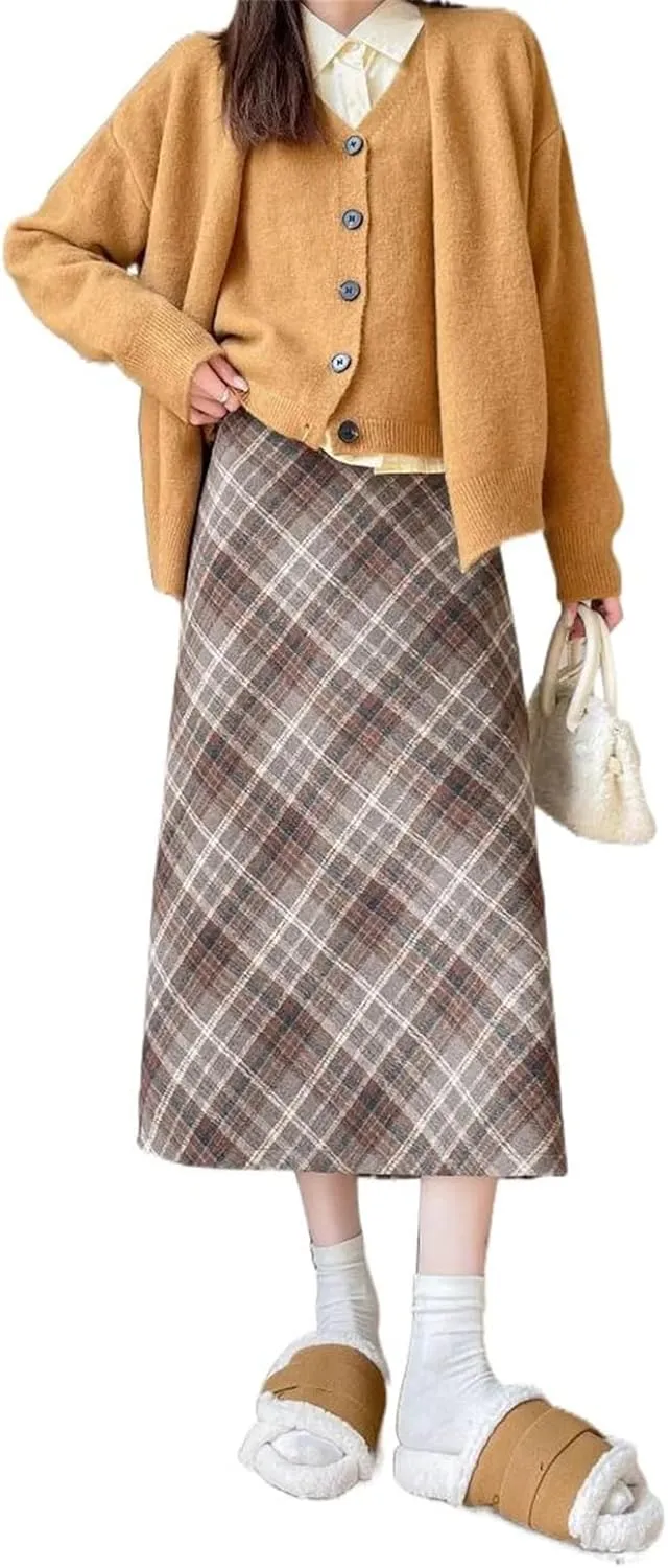 Women's Wool Pencil Skirt, High-Waisted, Retro Style, Fleece-Lined, Thickened, Plaid