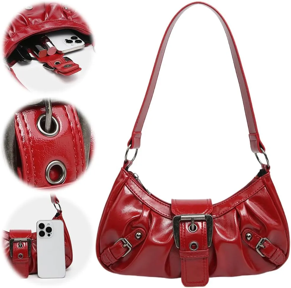 Y2k Purses for Women Small Crescent Shoulder Bag 90s Pu Leather Handbag Trendy Hobo Bag for Work