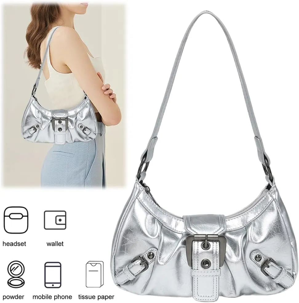 Y2k Purses for Women Small Crescent Shoulder Bag 90s Pu Leather Handbag Trendy Hobo Bag for Work