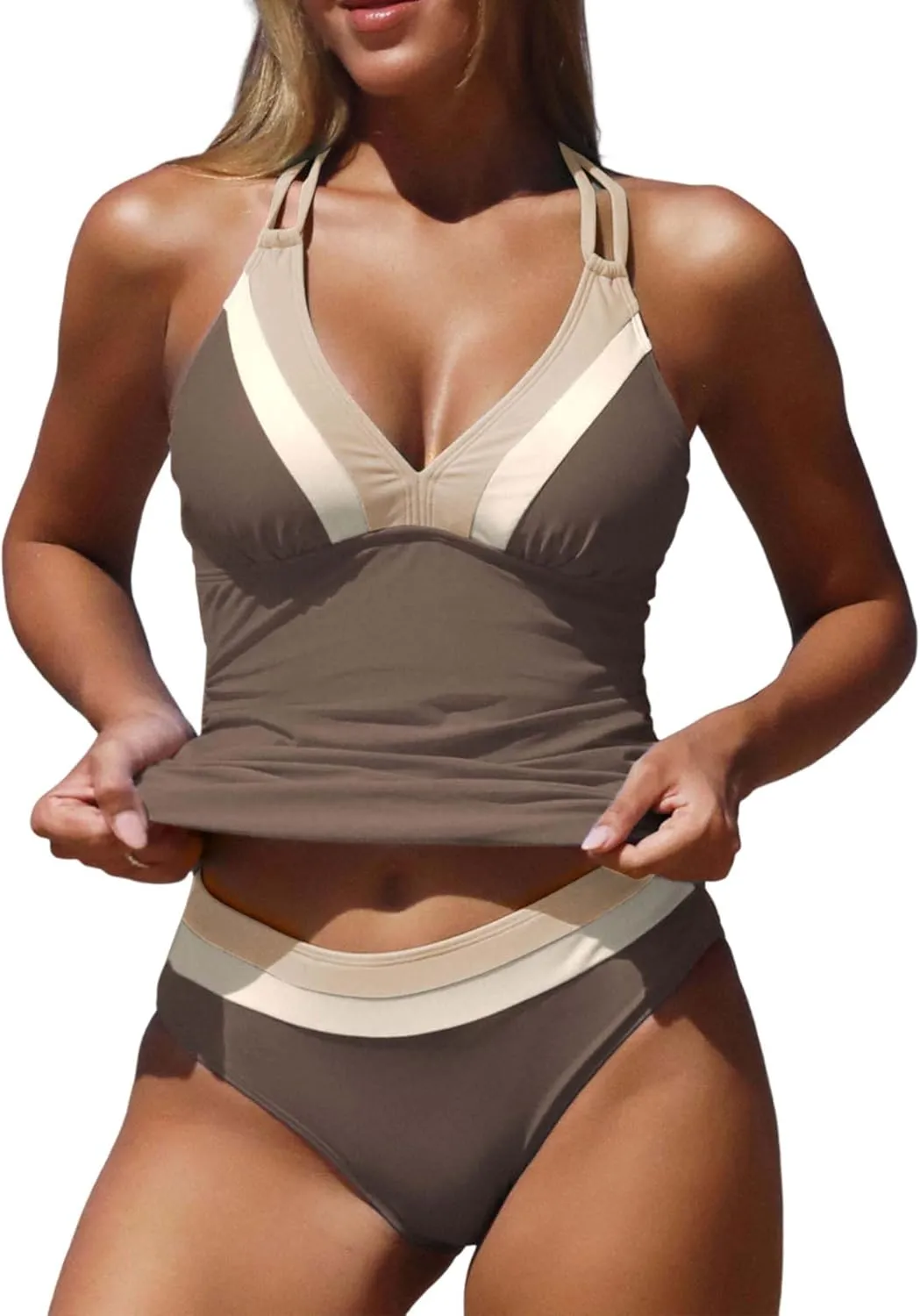 ZAFUL Tankini Swimsuits for Women Tummy Control Halter Neck Mid Waist Ruched Color Block Two Piece Bathing Suits Swimwear