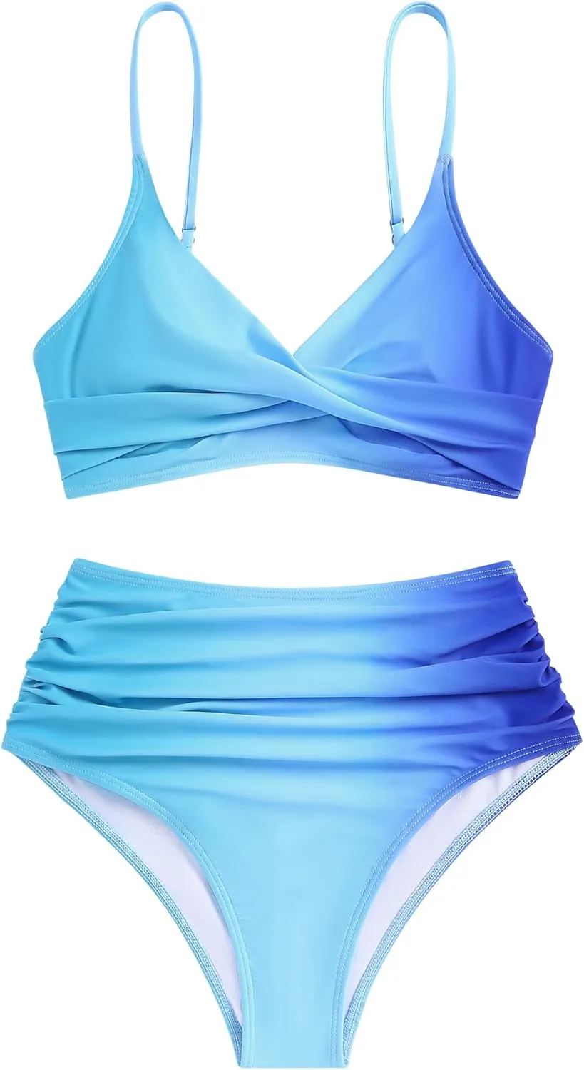ZAFUL Women High Waisted Bikini Sets Two Piece Swimsuit Push Up Twist Front Ruched Bathing Suit