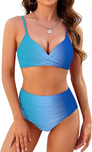 ZAFUL Women High Waisted Bikini Sets Two Piece Swimsuit Push Up Twist Front Ruched Bathing Suit