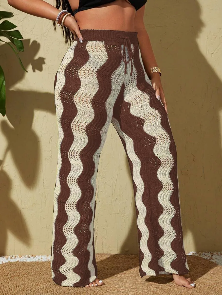 ZAFUL Women's Beach Cover Up Pants Hollow Out Plus Size Drawstring Elastic High Waist Swimsuit Cover Up Beach Long Pants