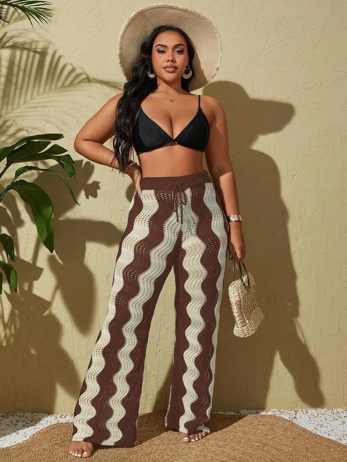 ZAFUL Women's Beach Cover Up Pants Hollow Out Plus Size Drawstring Elastic High Waist Swimsuit Cover Up Beach Long Pants