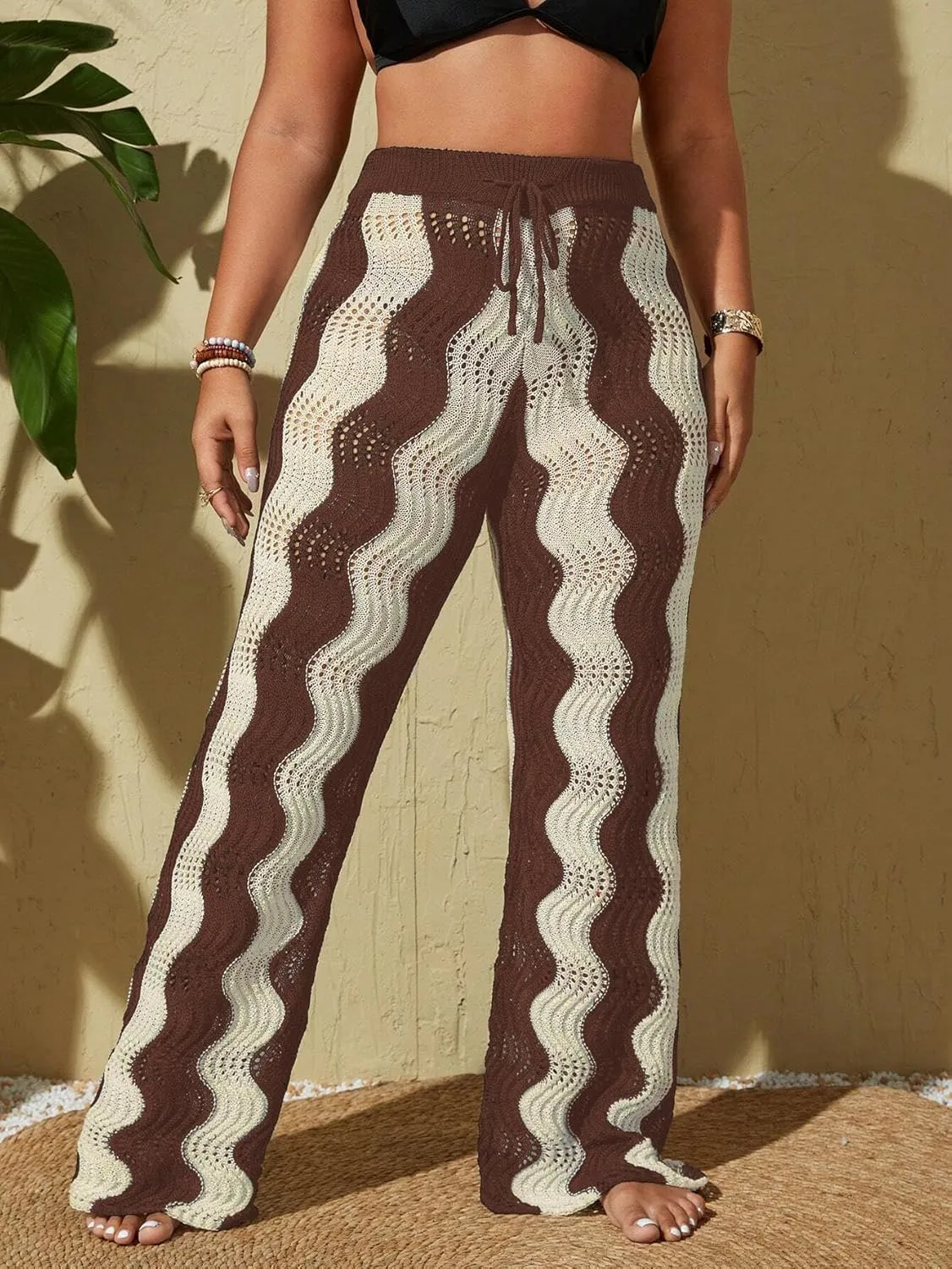 ZAFUL Women's Beach Cover Up Pants Hollow Out Plus Size Drawstring Elastic High Waist Swimsuit Cover Up Beach Long Pants