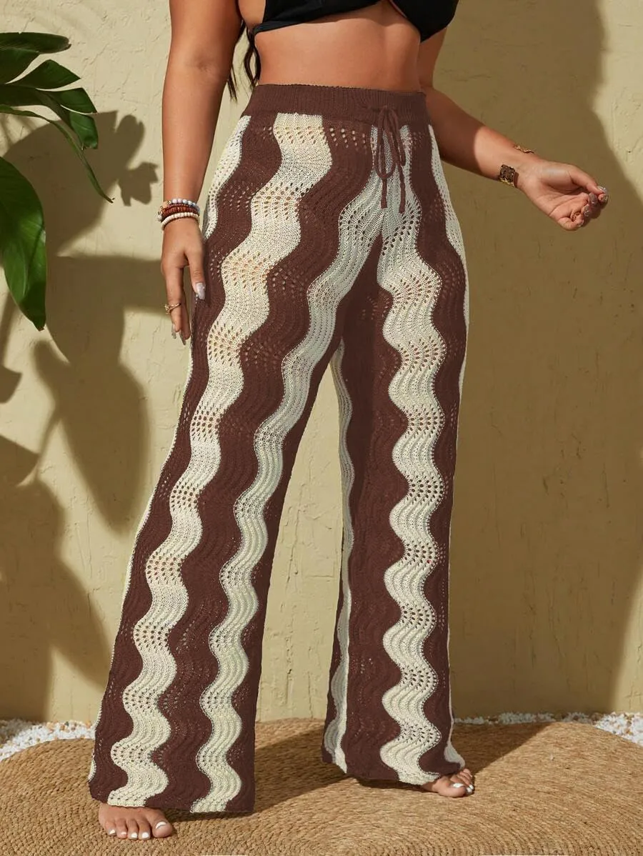 ZAFUL Women's Beach Cover Up Pants Hollow Out Plus Size Drawstring Elastic High Waist Swimsuit Cover Up Beach Long Pants