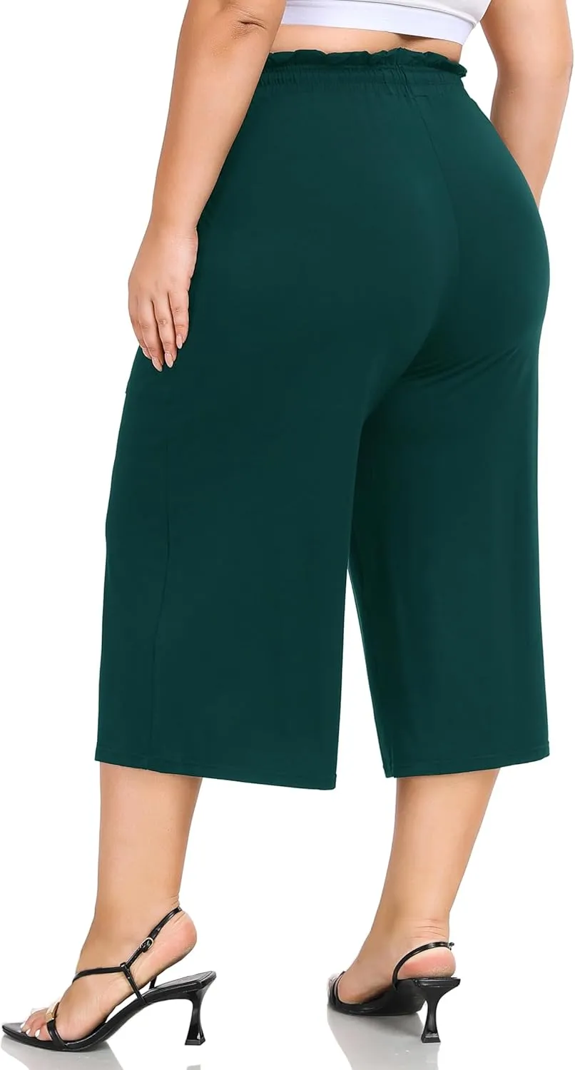 ZERDOCEAN Women's Plus Size Wide Leg Capris High Waisted Casual Lounge Pants with Drawstring Pockets