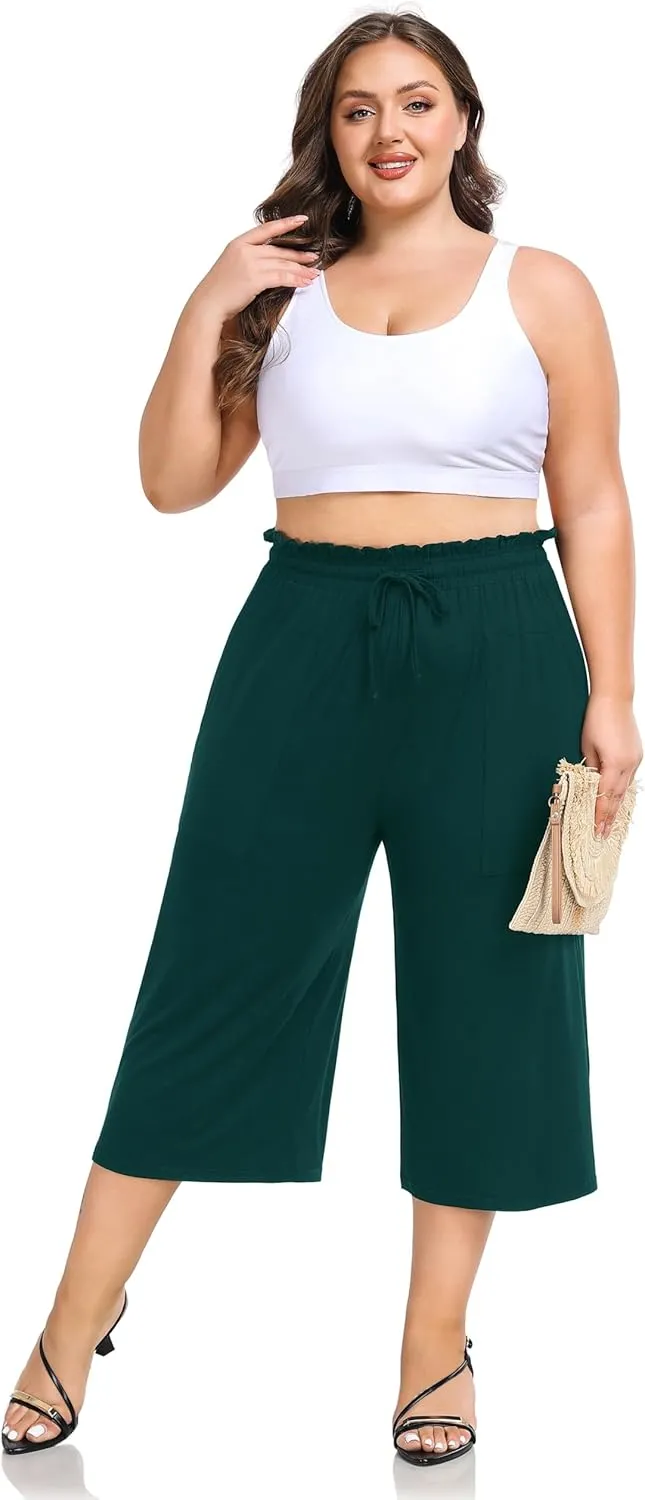 ZERDOCEAN Women's Plus Size Wide Leg Capris High Waisted Casual Lounge Pants with Drawstring Pockets