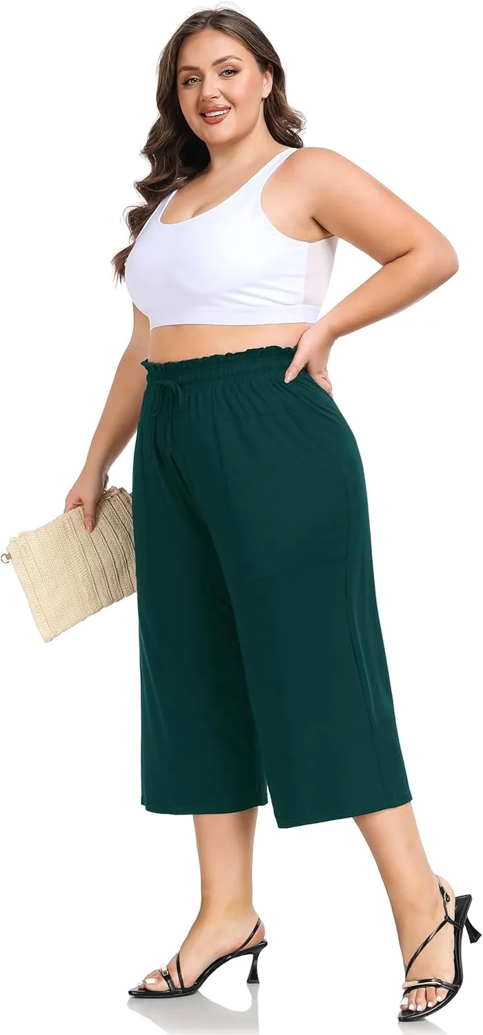 ZERDOCEAN Women's Plus Size Wide Leg Capris High Waisted Casual Lounge Pants with Drawstring Pockets