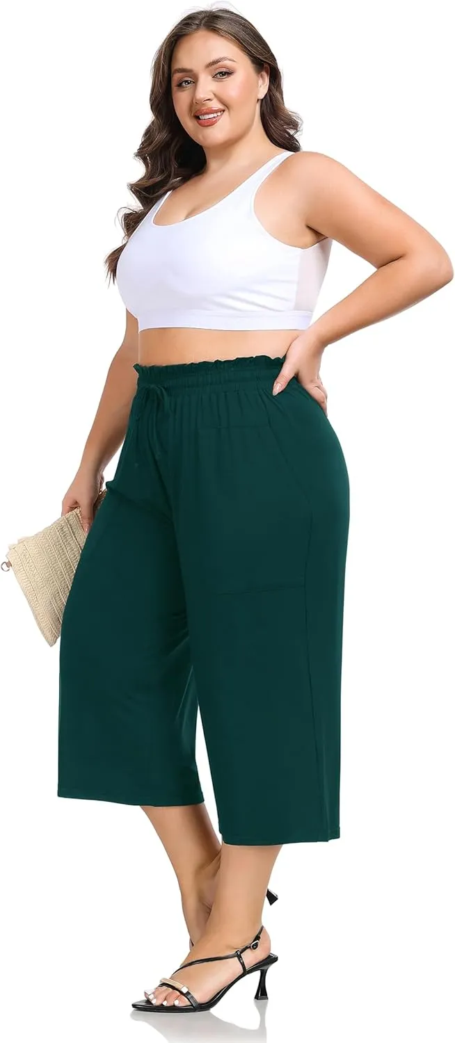 ZERDOCEAN Women's Plus Size Wide Leg Capris High Waisted Casual Lounge Pants with Drawstring Pockets