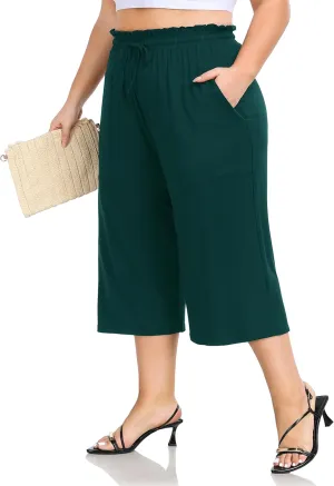 ZERDOCEAN Women's Plus Size Wide Leg Capris High Waisted Casual Lounge Pants with Drawstring Pockets