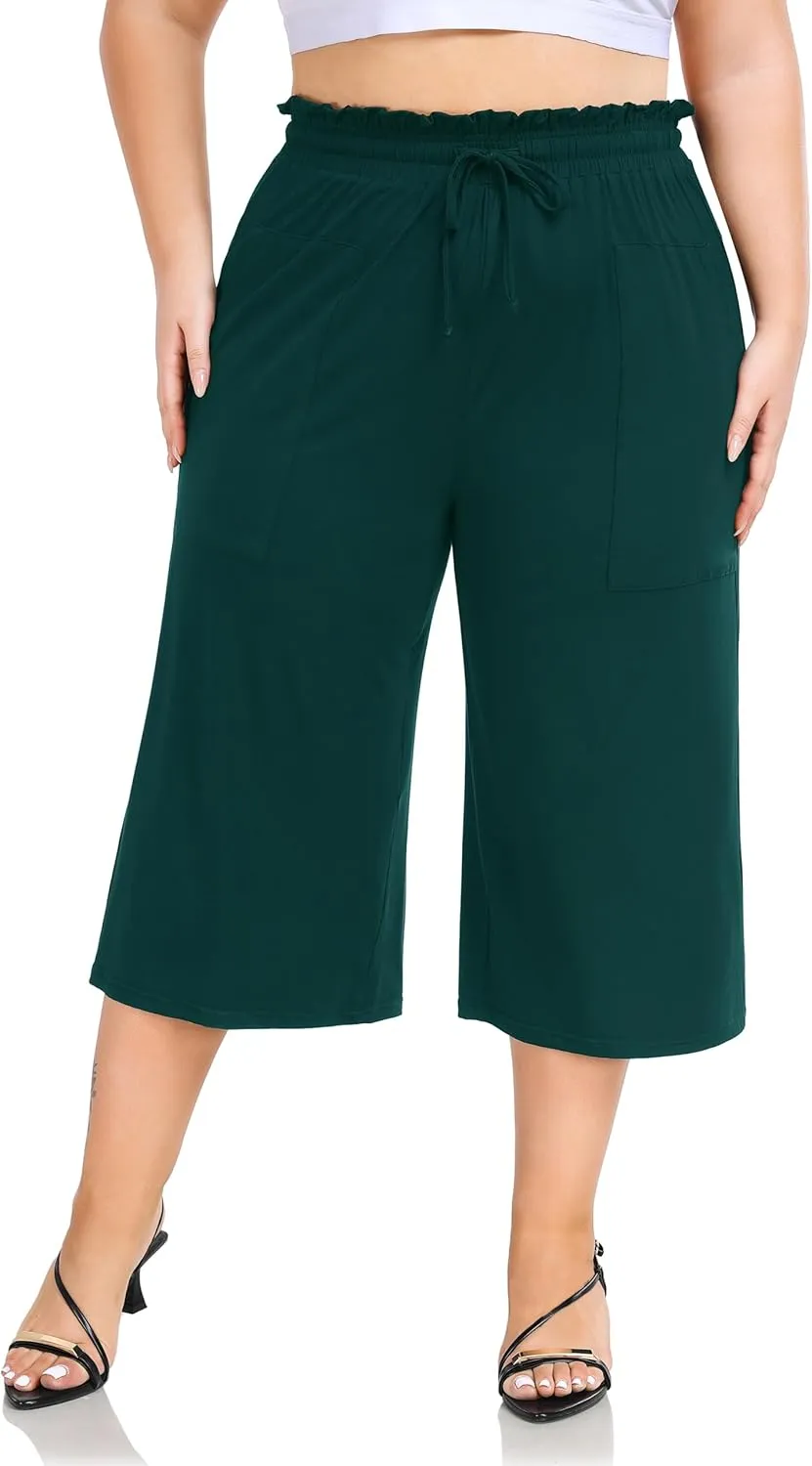ZERDOCEAN Women's Plus Size Wide Leg Capris High Waisted Casual Lounge Pants with Drawstring Pockets
