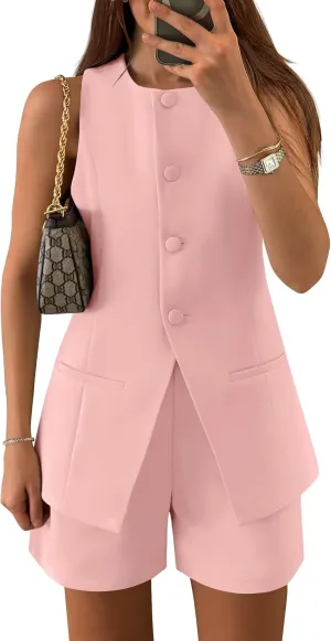 ZESICA Women's 2025 Summer 2 Piece Short Sets Sleeveless Crew Neck Suit Vest Tops High Waist Shorts Business Outfits